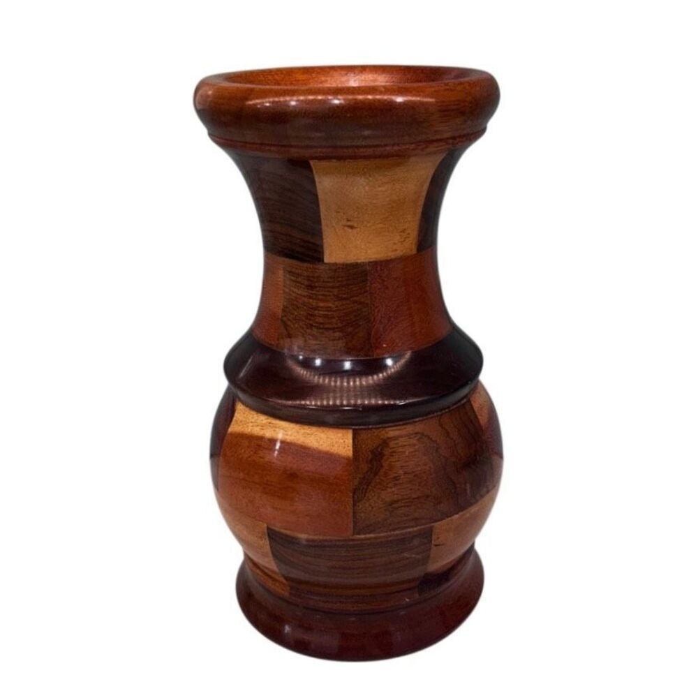 Vintage Multi Wood Mosaic Vase 8” Brown Hand Pieced Parquet Two-tone Segmented